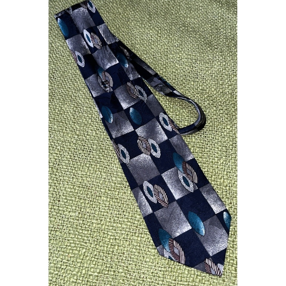 Bespoke Silk Tie‎ , Made In Italy Navy And Teal , Geometric Abstract